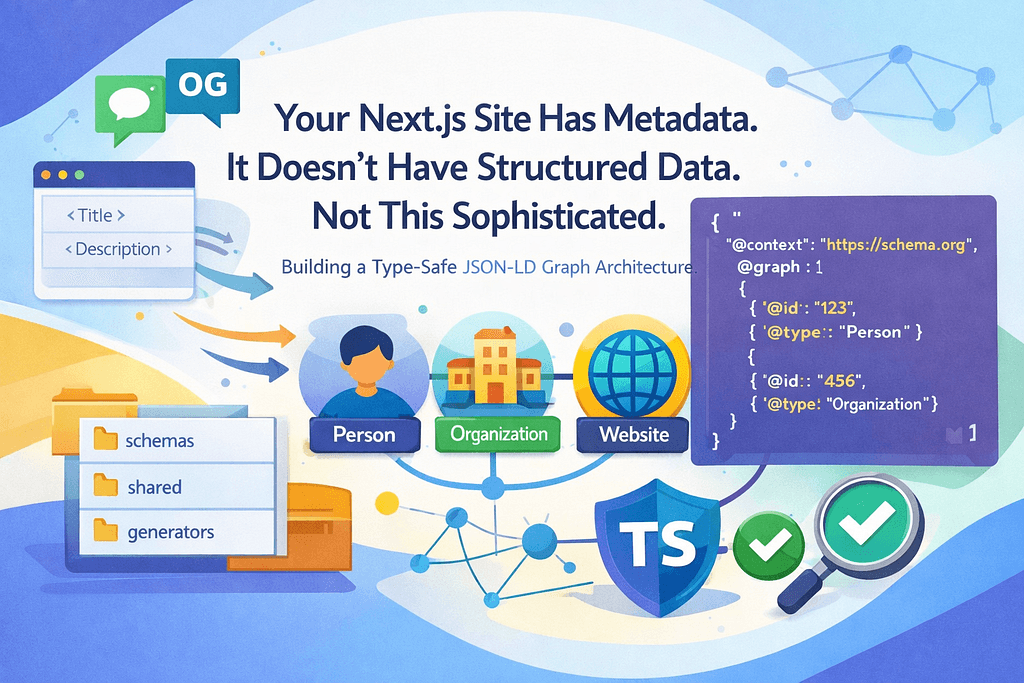 Your Next.js Site Has Metadata. It Doesn’t Have Structured Data. Not This Sophisticated. Thumbnail image for article titled "Your Next.js Site Has Metadata. It Doesn’t Have Structured Data. Not This Sophisticated."